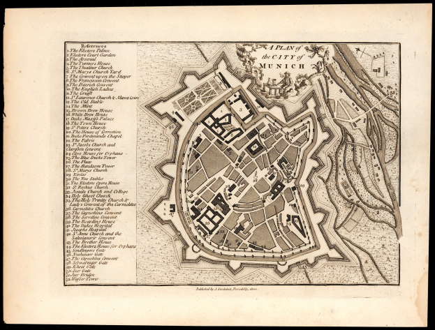 Detailierte alte Karte von München, Deutschland, mit Straßen, Gebäuden und Sehenswürdigkeiten auf einem schwarzen Hintergrund, begleitet von Text.