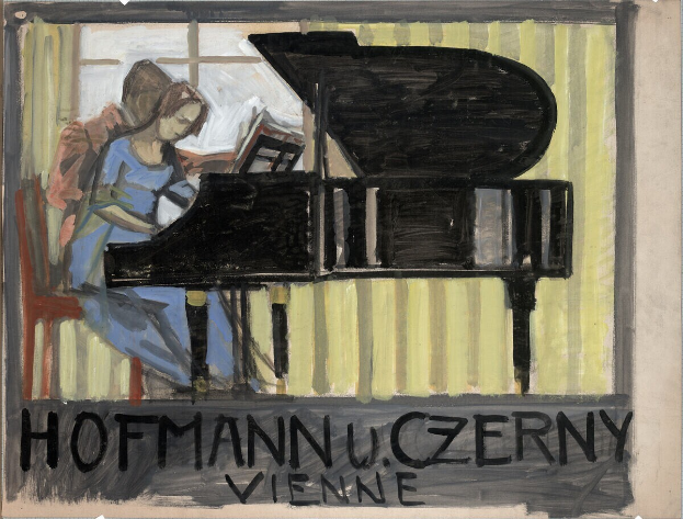 Eine Frau in einem weißen Kleid und einem blauen Schal spielt ein Klavier, ihre Augen sind geschlossen in Konzentration, ihre Hände schweben über den Tasten.