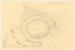 Schwarz-weißer Architekturplan eines Stadiongeländes mit umliegenden Gebäuden und handschriftlichen Anmerkungen auf Papier.