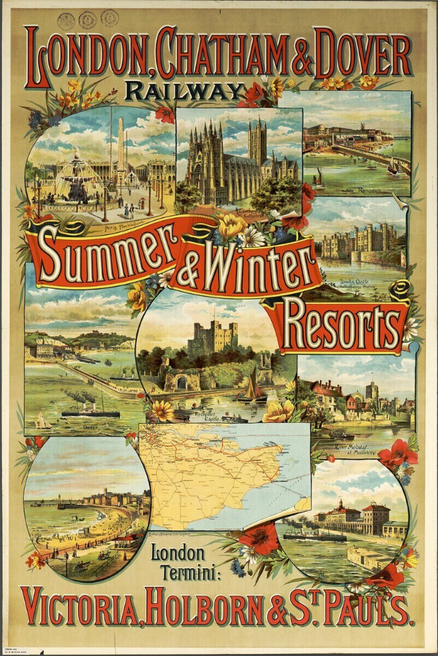 Plakatwerbung für London, Chatham und Dover Railway's Sommer- und Winterresorts, zeigt Bilder von Gebäuden, Bäumen, Blumen, einer Karte und beschreibendem Text.