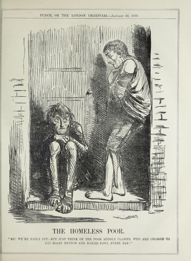 Eine Zeitung mit einer Zeichnung von zwei Personen, eine sitzend und eine stehend, mit den Worten "Die Obdachlosen Armen" darauf.