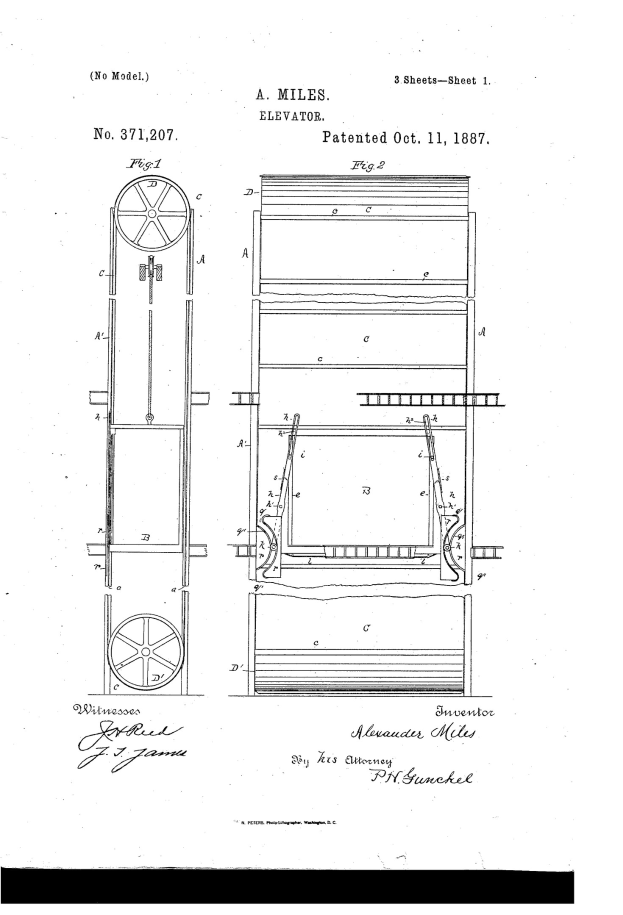 Detailiertes Patent drawing einer Maschine mit Rädern, einem Motor und anderen Komponenten, beschriftet mit "US Patent 3711207" auf einem weißen Hintergrund.