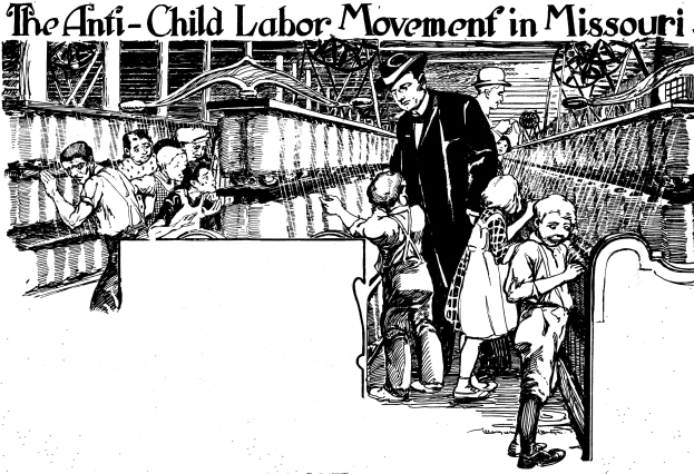 Plakat für die Anti-Kinderarbeit-Bewegung in Missouri, das eine Gruppe von Menschen in traditioneller Kleidung zeigt, einige stehend und einige sitzend, mit Text oben und unten, der Verzweiflung und Hoffnungslosigkeit darstellt.