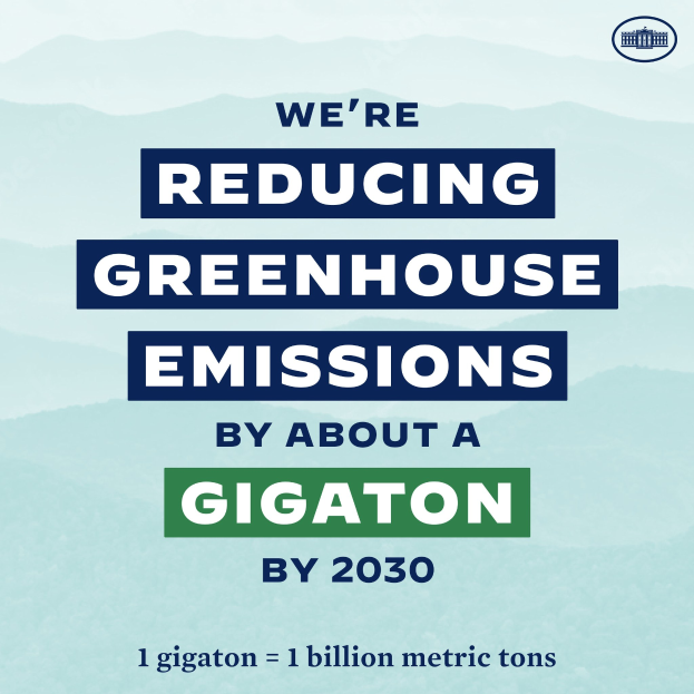 Plakat mit Text und Logo, auf dem steht: "Wir reduzieren die Treibhausgasemissionen um etwa eine Gigatonne bis 2030", das für eine signifikante Reduzierung der Treibhausgasemissionen bis 2030 wirbt.