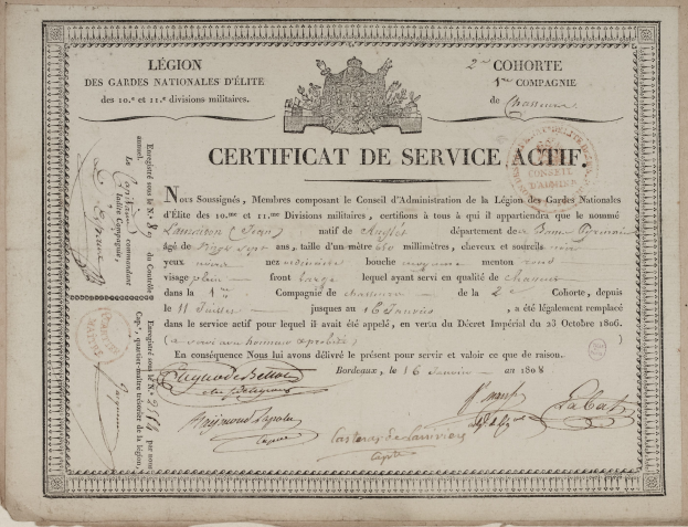 Akteservice-Urkunde mit dekorativem Rahmen und Siegel, schwarzer Text auf altem Papier.