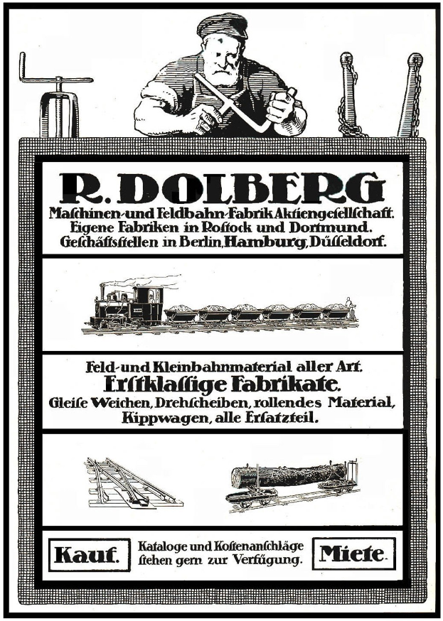 Werbeposter für die Fabrik von R.D. Dolberg in Hamburg, Deutschland, mit Text, einer Person, einem Zug und anderen Objekten.