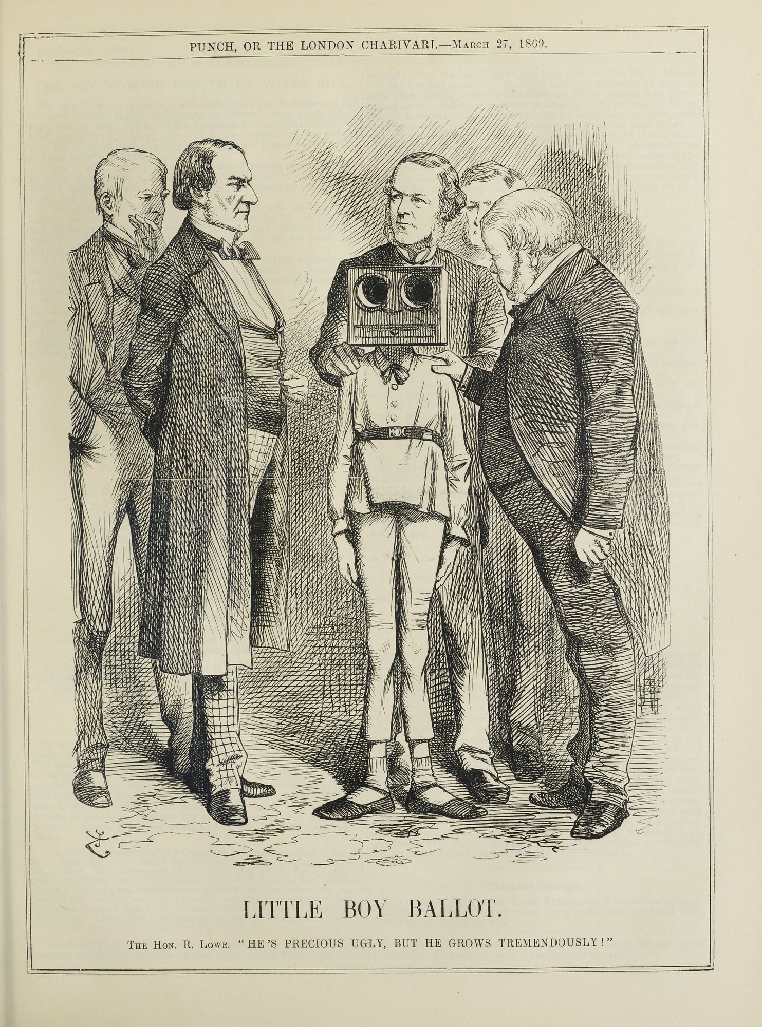 Kind steht in der Mitte eines Papiers, das eine Kamera hält, umgeben von einer Gruppe von Menschen, mit dem Text "Kleiner Junge Stimmzettel" unten.