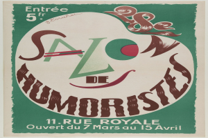 Plakat, das eine Humoristen-Salon-Veranstaltung in Paris, Frankreich, ankündigt und Text zu seinen Angeboten enthält.