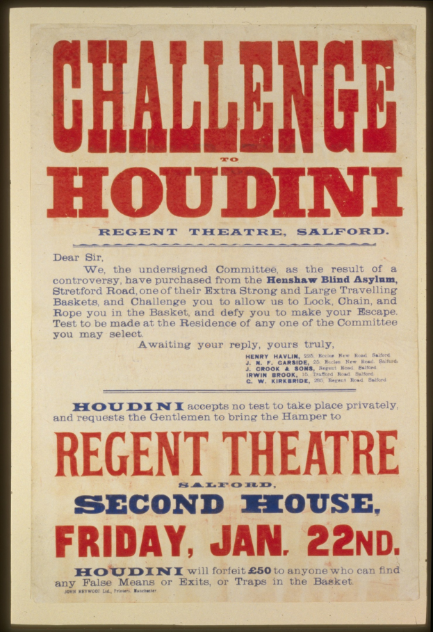 Plakat mit 'Herausforderung an Houdini Regent Theatre Second House' in fetten schwarzen Buchstaben auf einem weißen Hintergrund, eingerahmt von einem schwarzen Rand.