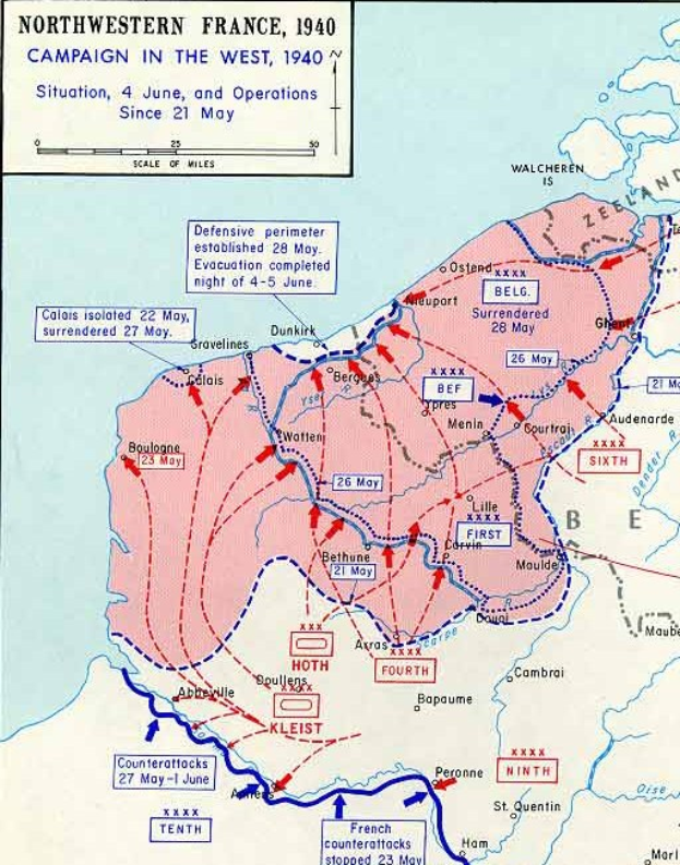 Ein Plakat, das eine detaillierte Karte von Nordfrankreich aus dem Westfeldzug 1940 zeigt, mit Text und numerischen Daten annotiert.