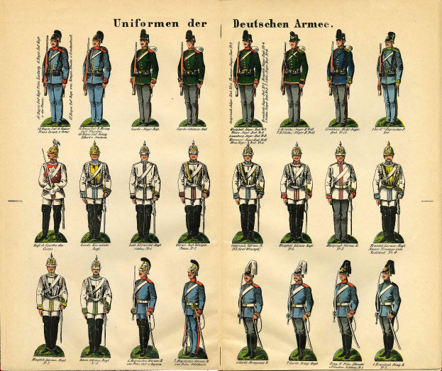 Ein Buch, das bunte deutsche Armeeuniformen mit detaillierten Militäruniformen zeigt, einschließlich Helmen, Gewehren und anderen Waffen.