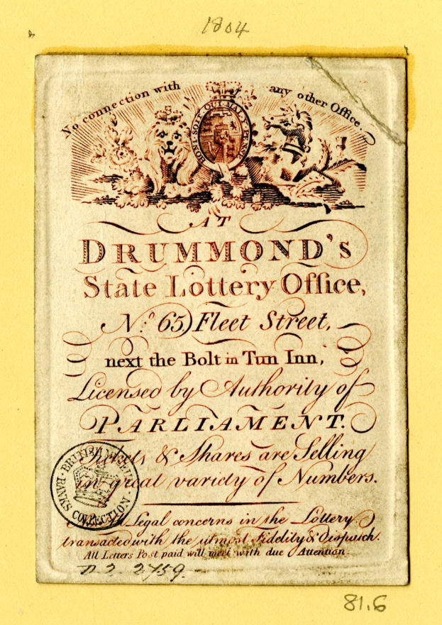 Ein vergilbtes altes Buch mit einem Stempel und der Aufschrift "Drummond's State Lottery Office" darauf.