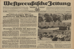 Titelseite einer deutschen Zeitung vom 13. November 1939, betitelt "Weitpreubliche Zeitung", mit einer Gruppe von Menschen in traditioneller deutscher Kleidung in einer feierlichen Atmosphäre.