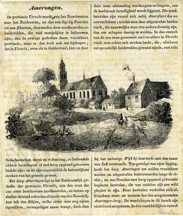 Ein altes Buch mit einer Zeichnung eines Dorfes mit Häusern, Bäumen und Menschen auf dem Cover, daneben sichtbarer Text auf den Seiten.