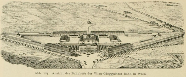 Alte Zeichnung eines großen Gebäudes mit der Aufschrift "Bahnhof der Wien" in einer Wiese mit Bäumen und anderen Strukturen.