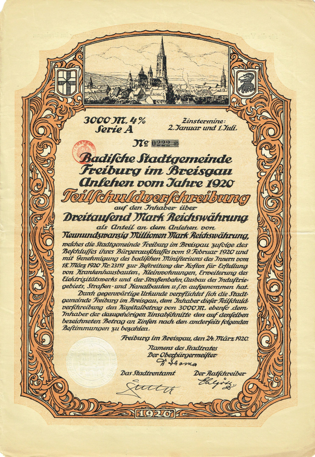 Altes deutsches Aktienzertifikat mit einer Stadtansicht und gedrucktem Text zu den Aktiendetails.