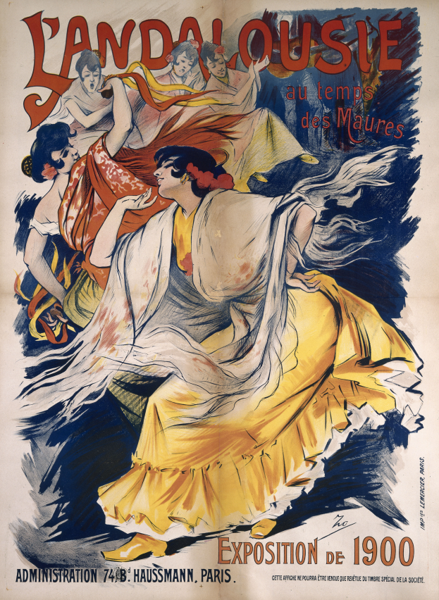 Ein Plakat, das die Landalousie-Ausstellung auf der Weltausstellung Paris 1900 ankündigt, zeigt eine Frau in gelbem Kleid sowie weitere Personen und Text.