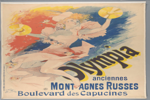 Plakat für die Olympischen Spiele in Mont-Agnes-Russes, Frankreich, das eine Frau in einem farbenfrohen Kleid zeigt, die einen Fächer mit Veranstaltungstexten hält.