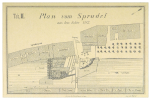 Ein Plakat mit einem detaillierten Stadtplan von Spruidel, Deutschland, samt begleitendem Text.