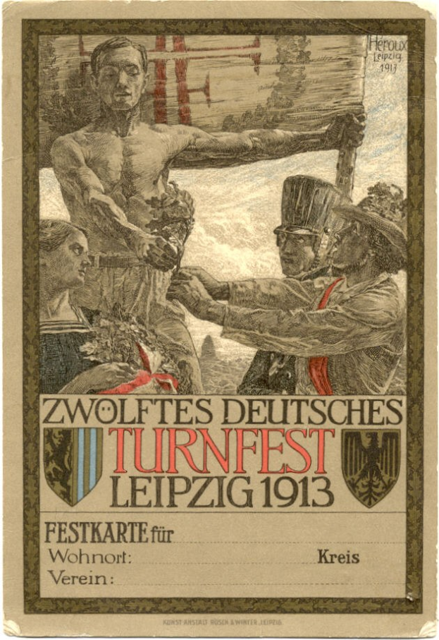 Plakat für das Zwölfte Deutsche Turnfest Leipzig 1913, das eine zentrale Gruppe von Menschen mit Text zeigt, der die Ereignisdaten angibt.