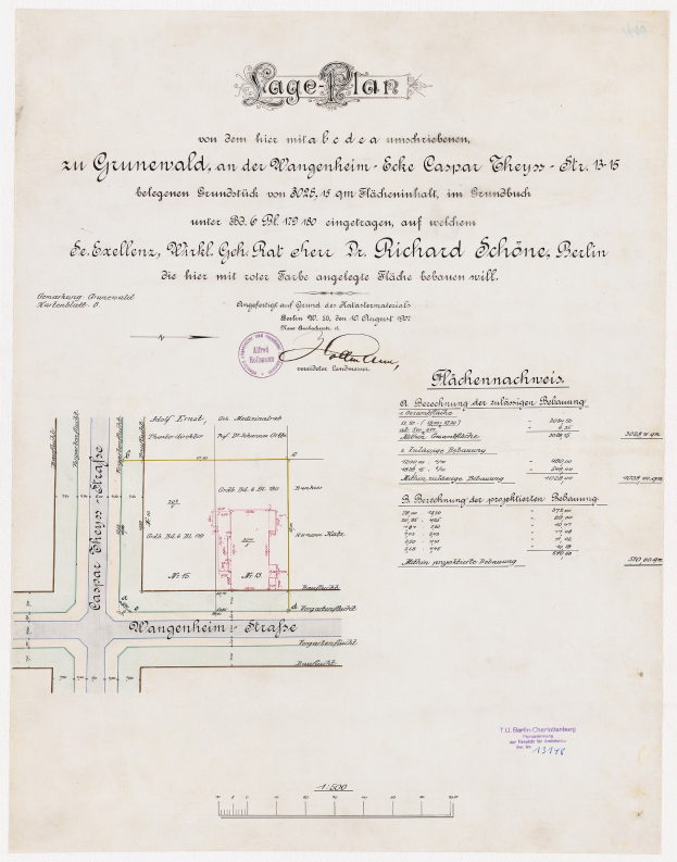 Schwarz-weiß detaillierte Karte eines Berliner Parkplatzlayouts mit Text und einem Stempel auf altem Papier.