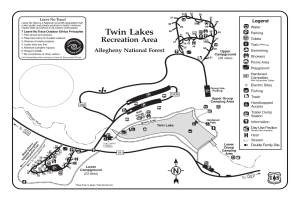 Detailierte Karte des Twin Lakes Freizeitgebiets mit Wanderwegen, Sehenswürdigkeiten und Entfernungen zwischen den Punkten.
