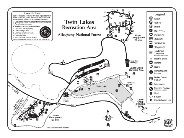 Detailierte Karte des Twin Lakes Freizeitgebiets mit Wanderwegen, Sehenswürdigkeiten und Entfernungen zwischen den Punkten.