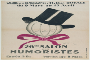 Plakat, das einen Salon mit einem Mann in Zylinder anpreist und Texte zu den angebotenen Dienstleistungen enthält.