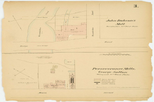 Alte Karte von San Francisco, Kalifornien, zentriert auf John Dobson's Mühle, zeigt Straßen, Gebäude und Sehenswürdigkeiten mit beschreibendem Text.