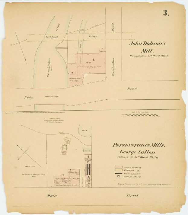 Alte Karte von San Francisco, Kalifornien, zentriert auf John Dobson's Mühle, zeigt Straßen, Gebäude und Sehenswürdigkeiten mit beschreibendem Text.