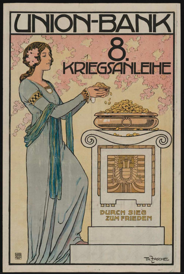 Eine Frau in einem weißen Kleid hält eine Schüssel mit Essen in der Hand und steht vor einem schwarzen Hintergrund mit einem Plakat, auf dem "Union-Bank 8 Kriegsanleihe" steht.