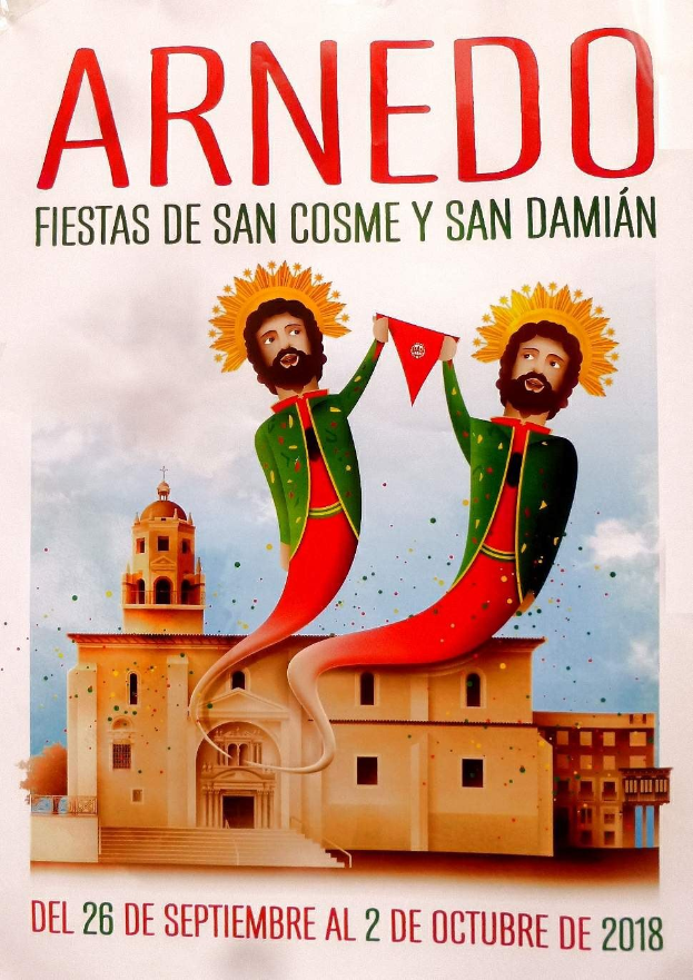 Plakat für das San-Cosme-und-San-Damian-Fest mit zwei Personen vor einem Gebäude unter einem bewölkten Himmel, mit Text über das Ereignis.