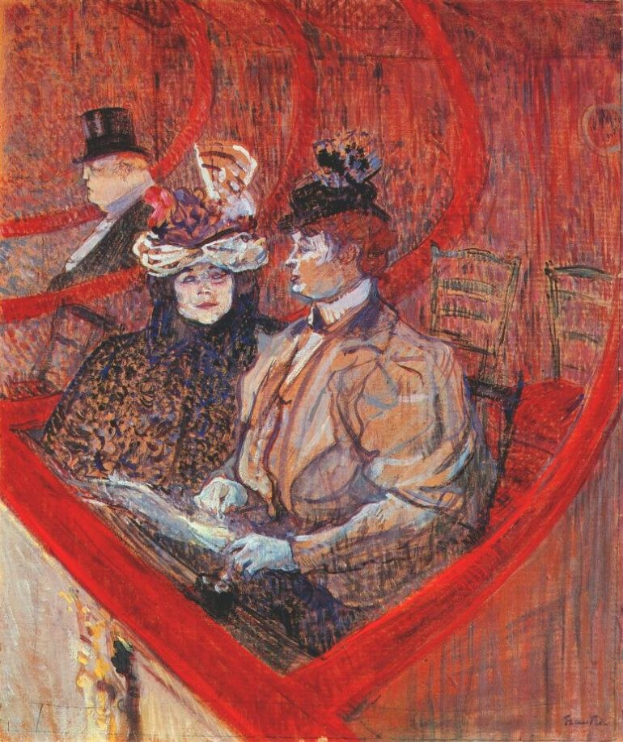 Gemälde mit dem Titel "Die Oper" von Édouard Manet, das zwei formell gekleidete Personen an einem Tisch in einem Raum mit gemustertem Tapeten, einem großen Fenster mit Blick auf eine Stadt Silhouette und einem hellen Teppich zeigt.