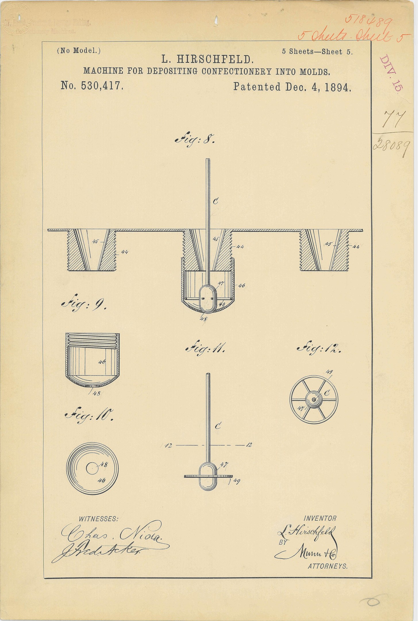 Patentzeichnung einer Maschine zum Befüllen von Formen mit Süßwaren, mit Text und nummerierten Markierungen.