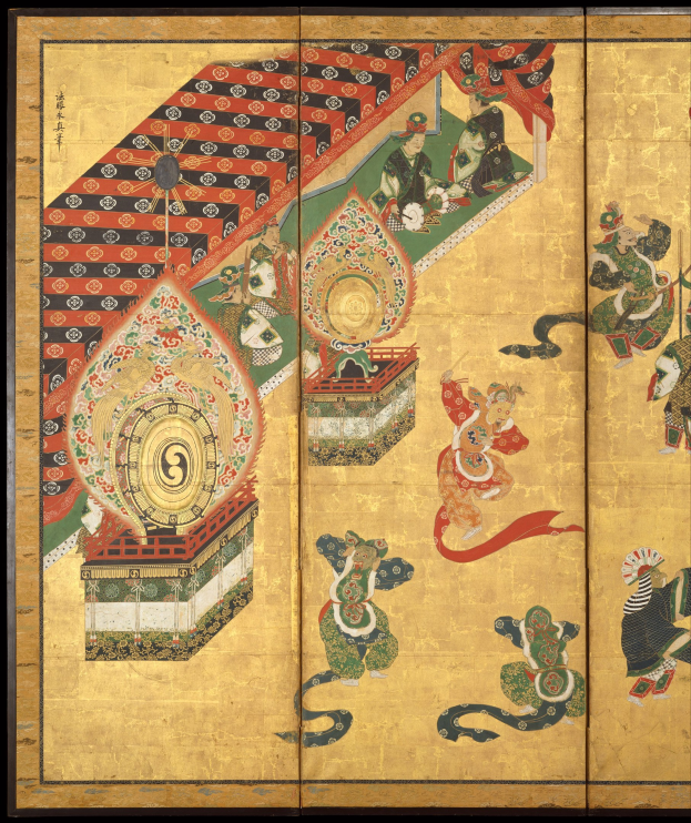 Japanisches Vier-Paneel-Bildschirm mit einer Malerei eines Mannes und einer Frau vor einem schwarzen Hintergrund, mit leuchtenden Farben und detaillierten Elementen.