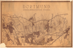 Alte detaillierte Karte von Dortmund, Deutschland, zeigt Straßen, Gebäude und Sehenswürdigkeiten mit Textanmerkungen.
