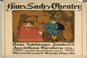 Ein Plakat für das Hans-Sachs-Theater in München, Deutschland, das einen Mann in einem Anzug und eine Frau in einem Kleid zeigt, die nebeneinander vor einem tiefblauen Hintergrund mit funkelnden Sternen stehen.