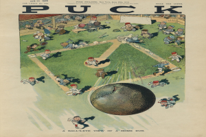 Altes Buchcover mit einer 1913 Puck Magazine-Karikatur eines Baseballspiels mit Spielern auf einem Feld und einem Ball im Spiel.