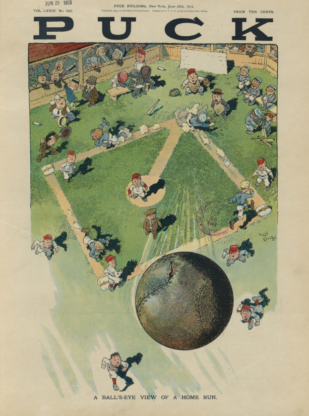 Altes Buchcover mit einer 1913 Puck Magazine-Karikatur eines Baseballspiels mit Spielern auf einem Feld und einem Ball im Spiel.
