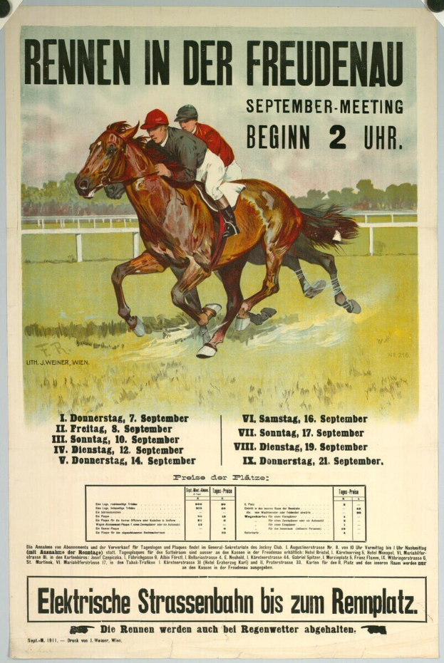 Plakat, das ein Pferderennen in Deutschland ankündigt, mit zwei Reitern auf Pferden im Vordergrund und Bäumen im Hintergrund, mit Text über das Ereignis.