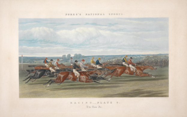 Gemälde von Reitergruppen auf einer Rennbahn mit Bäumen und Wolken im Hintergrund, unten mit 'Rennbahn-Platte 3: Der Lauf 3' beschriftet.