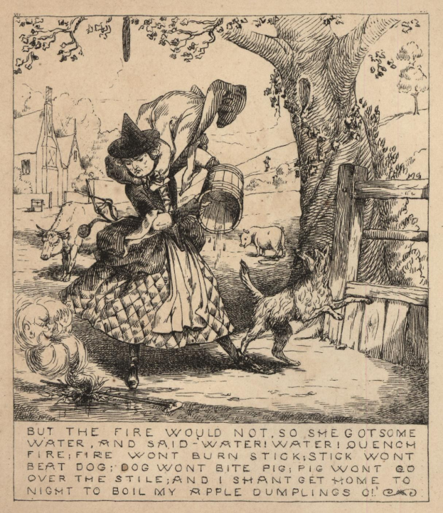 Frau in Kleid und Hut mit Hund spazieren, umgeben von Tieren, einem Baum, einem Zaun, einem Gebäude und einem Zettel mit der Aufschrift "Aber das Feuer wollte nicht, also holte sie etwas Wasser" unten.