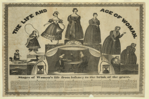 Eine farbenfrohe Papierreproduktion, die die Stadien des Lebens von Frauen von der Kindheit bis ins hohe Alter zeigt, mit kräftiger Schrift und detaillierten Elementen.
