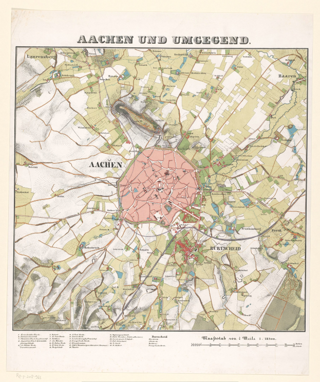 Detailiertes altes Stadtplan von Aachen, Deutschland, mit Straßen, Gebäuden und Sehenswürdigkeiten, mit Text oben und unten auf dem Papier.