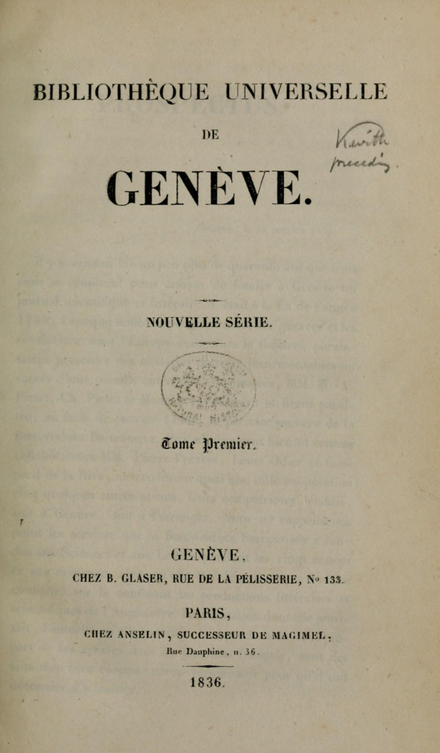 Altes Buch mit dem Titel "Bibliothèque Universitaire de Geneve" geöffnet und zeigt Text im Inneren.