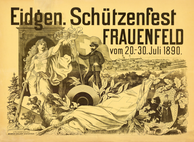 Plakat für das Eidgenössische Schützenfest in Frauenfeld, Deutschland, das einen Mann in einem Anzug und eine Frau in einem Kleid mit Veranstaltungsdetails zeigt.