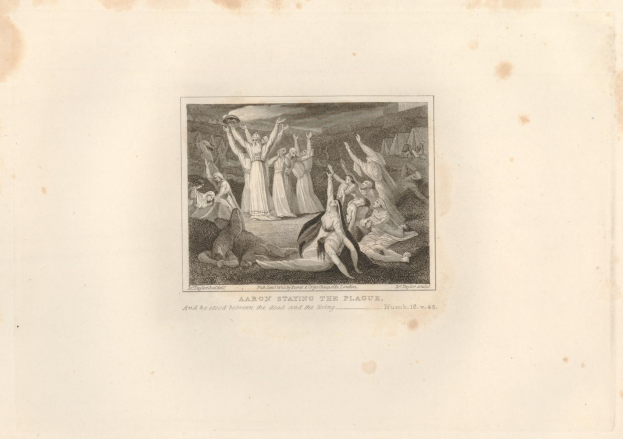 Schwarz-weiß-Radierung mit dem Titel 'Aaron Staying the Plague', die verstörte Menschen in einem Feld unter einem tiefblauen Himmel mit untergehender Sonne zeigt.