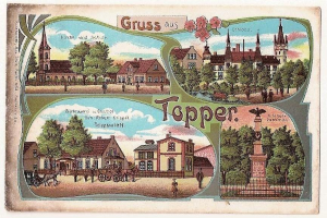 Alte Ansichtskarte zeigt eine deutsche Stadt mit Gebäuden, Bäumen, Menschen, Wagen, einer Statue, einem Zaun und einem bewölkten Himmel, mit handgeschriebener Text auf der Vorderseite.