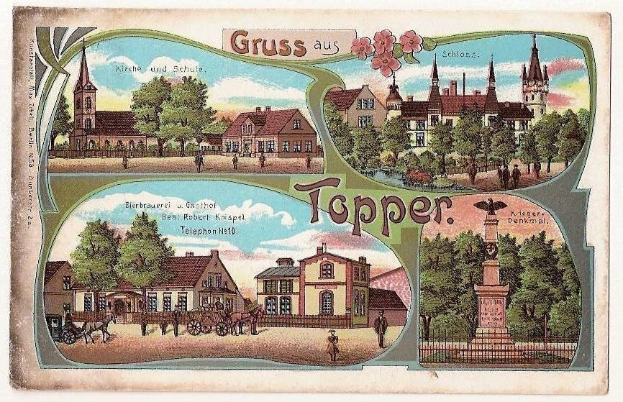 Alte Ansichtskarte zeigt eine deutsche Stadt mit Gebäuden, Bäumen, Menschen, Wagen, einer Statue, einem Zaun und einem bewölkten Himmel, mit handgeschriebener Text auf der Vorderseite.