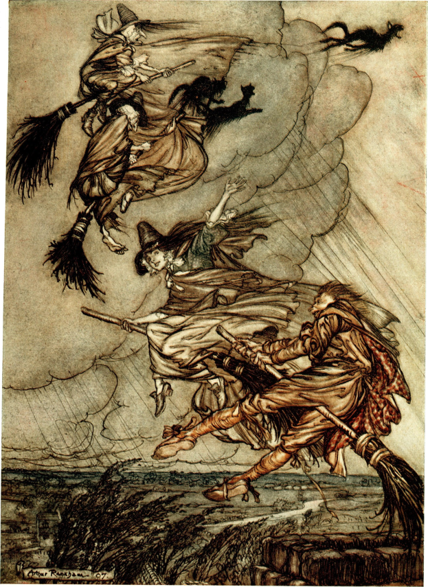 Gemälde von Arthur Rackham namens "Die Hexen", das drei Hexen zeigt, die auf einem Besenstiel durch die Luft fliegen.